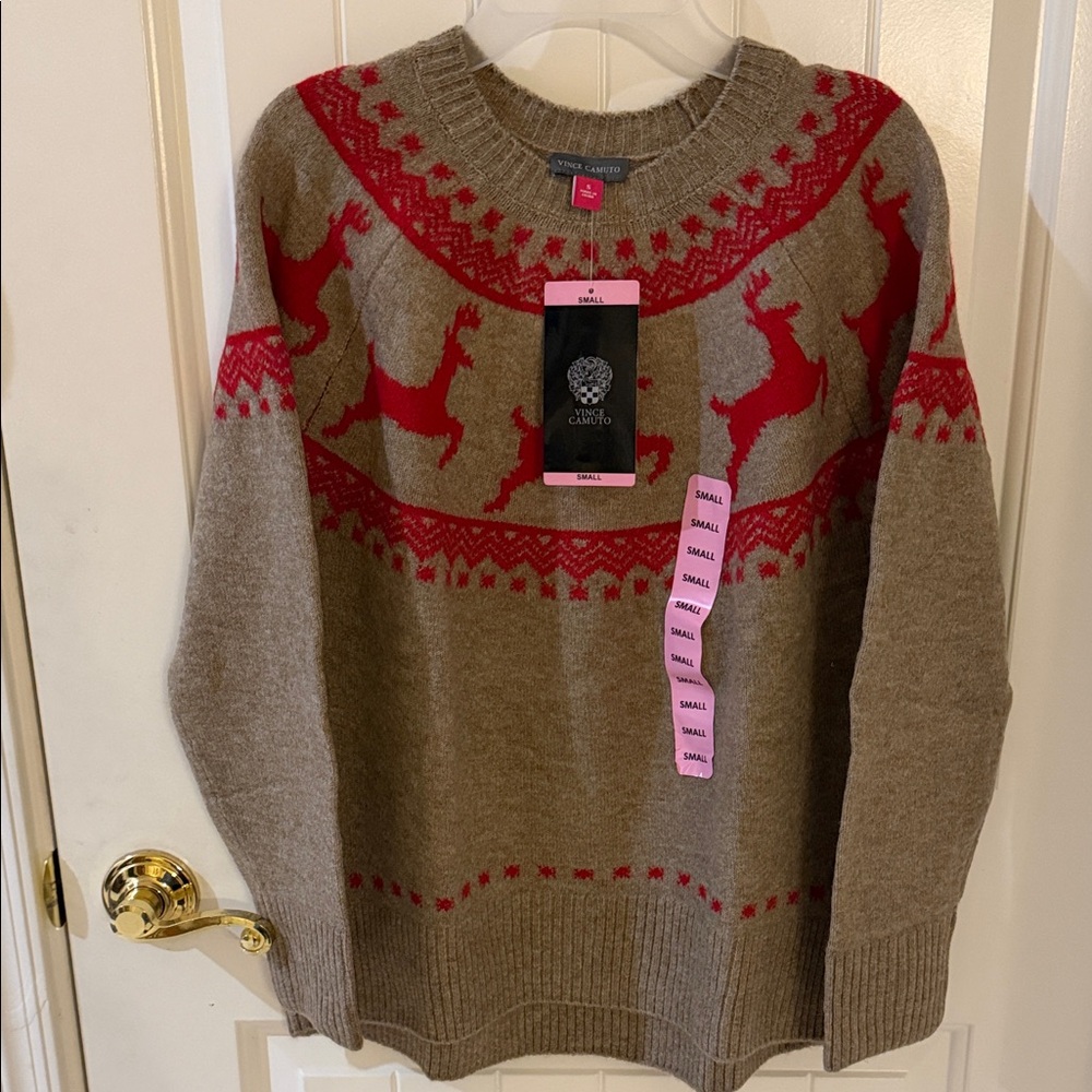 Vince Camuto Tan and Red Reindeer Oversized Sweater